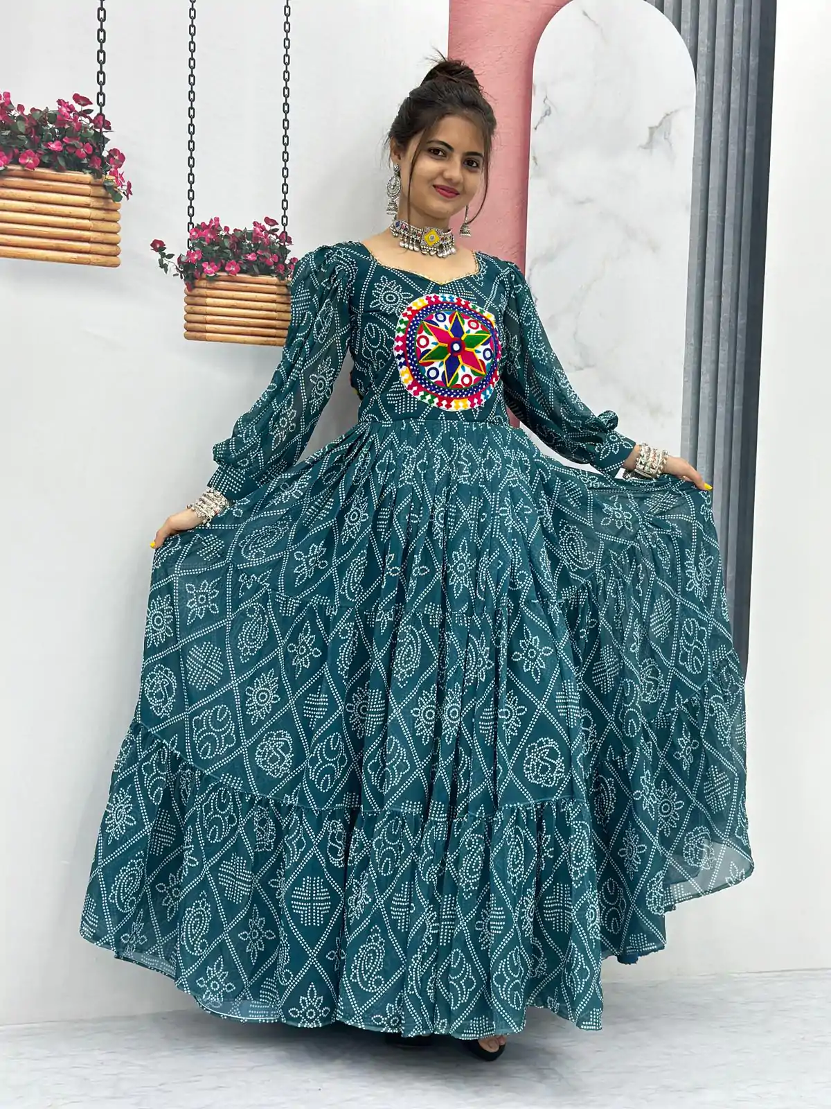 PC N02 Green Color Bandhani Printed Gamathi Mirror Work Gown Casual, Party Wear, Events, Festivals Wear Expected Delivery 4-6 Working Days @1929/- | Gowns, Bollywood Gowns, Creative Gowns, Designer Gowns, Embroidered Gowns, Party Wear Gowns