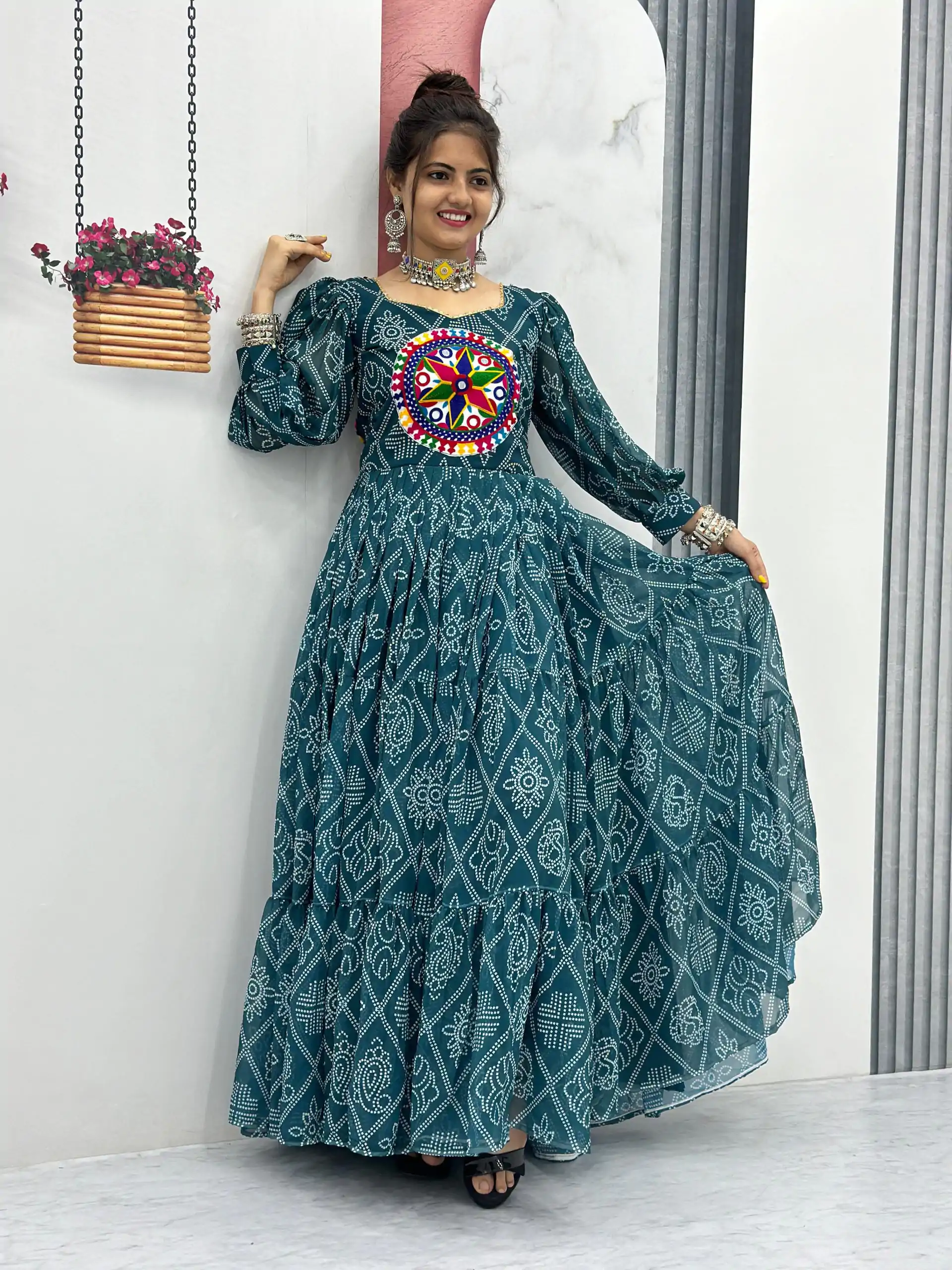 PC N02 Green Color Bandhani Printed Gamathi Mirror Work Gown Casual, Party Wear, Events, Festivals Wear Expected Delivery 4-6 Working Days @1929/- | Gowns, Bollywood Gowns, Creative Gowns, Designer Gowns, Embroidered Gowns, Party Wear Gowns