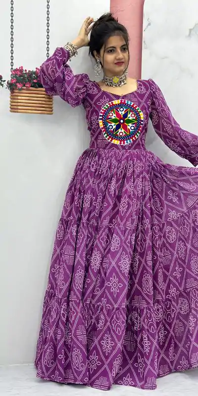 PC N02 Purple Color Bandhani Printed Gamathi Mirror Work Gown Casual, Party Wear, Events, Festivals Wear Expected Delivery 4-6 Working Days @1929/- | Gowns, Bollywood Gowns, Creative Gowns, Designer Gowns, Embroidered Gowns, Party Wear Gowns