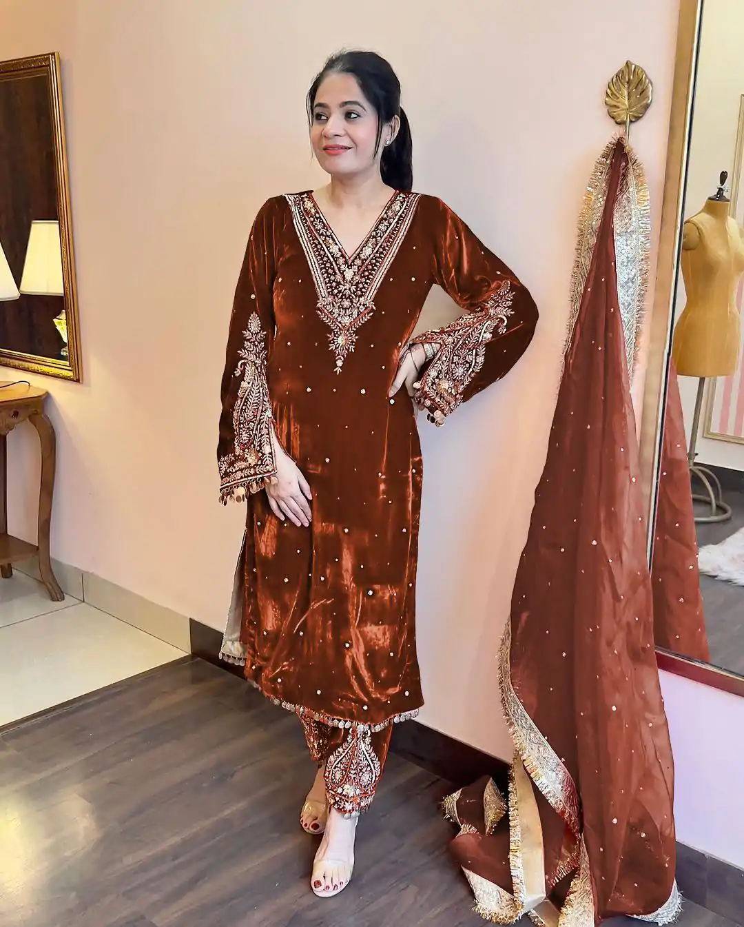 AD 134 Brown Color Heavy Pure Viscose Velvet Embroidery Sharara Suit Wedding, Party, Festive, Events Etc. Expected Delivery 4-6 Working Days @2099/- | Casual Suits, Jump Suits, Salwar suit, Creative suits, Designer Suits, Palazzo Suits, Party Wear Suits, Patiala Suits, Straight Suits