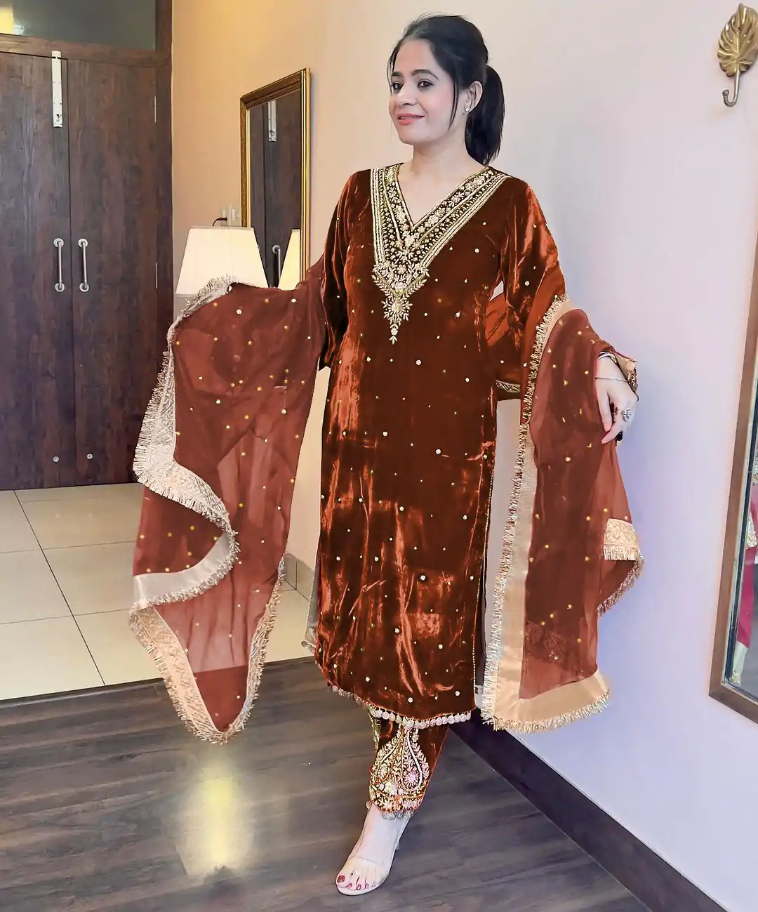 AD 134 Brown Color Heavy Pure Viscose Velvet Embroidery Sharara Suit Wedding, Party, Festive, Events Etc. Expected Delivery 4-6 Working Days @2099/- | Casual Suits, Jump Suits, Salwar suit, Creative suits, Designer Suits, Palazzo Suits, Party Wear Suits, Patiala Suits, Straight Suits