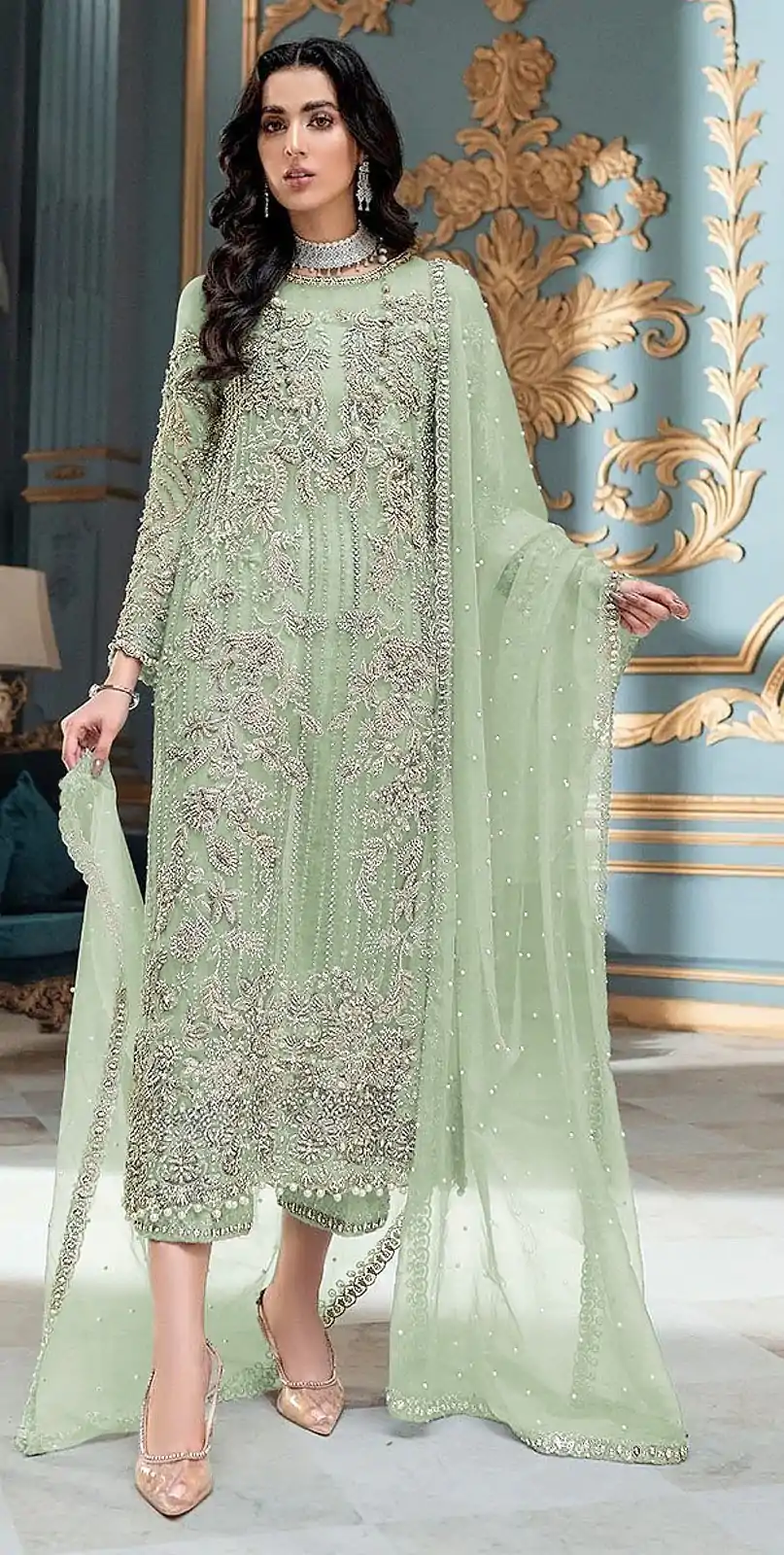 FC MARIA 1032 Light Green Color Organza Embroidery Sequence Salwar Suit Wedding, Party, Festive events, etc.  Expected Delivery  4-6 Working Days @2099/- | Casual Suits, Jump Suits, Salwar suit, Creative suits, Designer Suits, Palazzo Suits, Party Wear Suits, Patiala Suits, Straight Suits