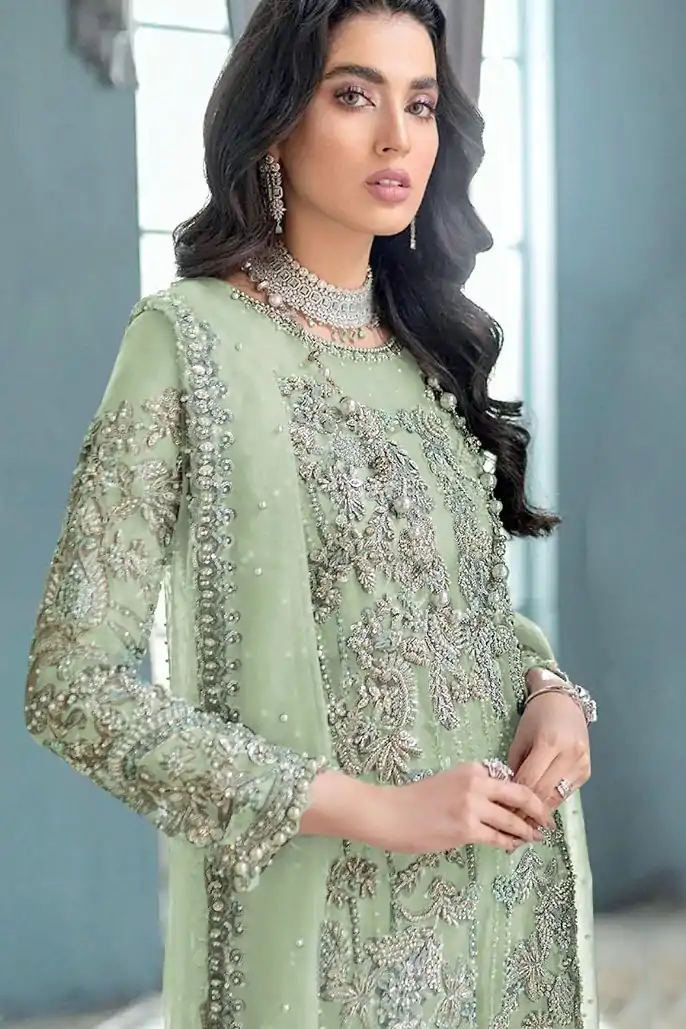 FC MARIA 1032 Light Green Color Organza Embroidery Sequence Salwar Suit Wedding, Party, Festive events, etc.  Expected Delivery  4-6 Working Days @2099/- | Casual Suits, Jump Suits, Salwar suit, Creative suits, Designer Suits, Palazzo Suits, Party Wear Suits, Patiala Suits, Straight Suits