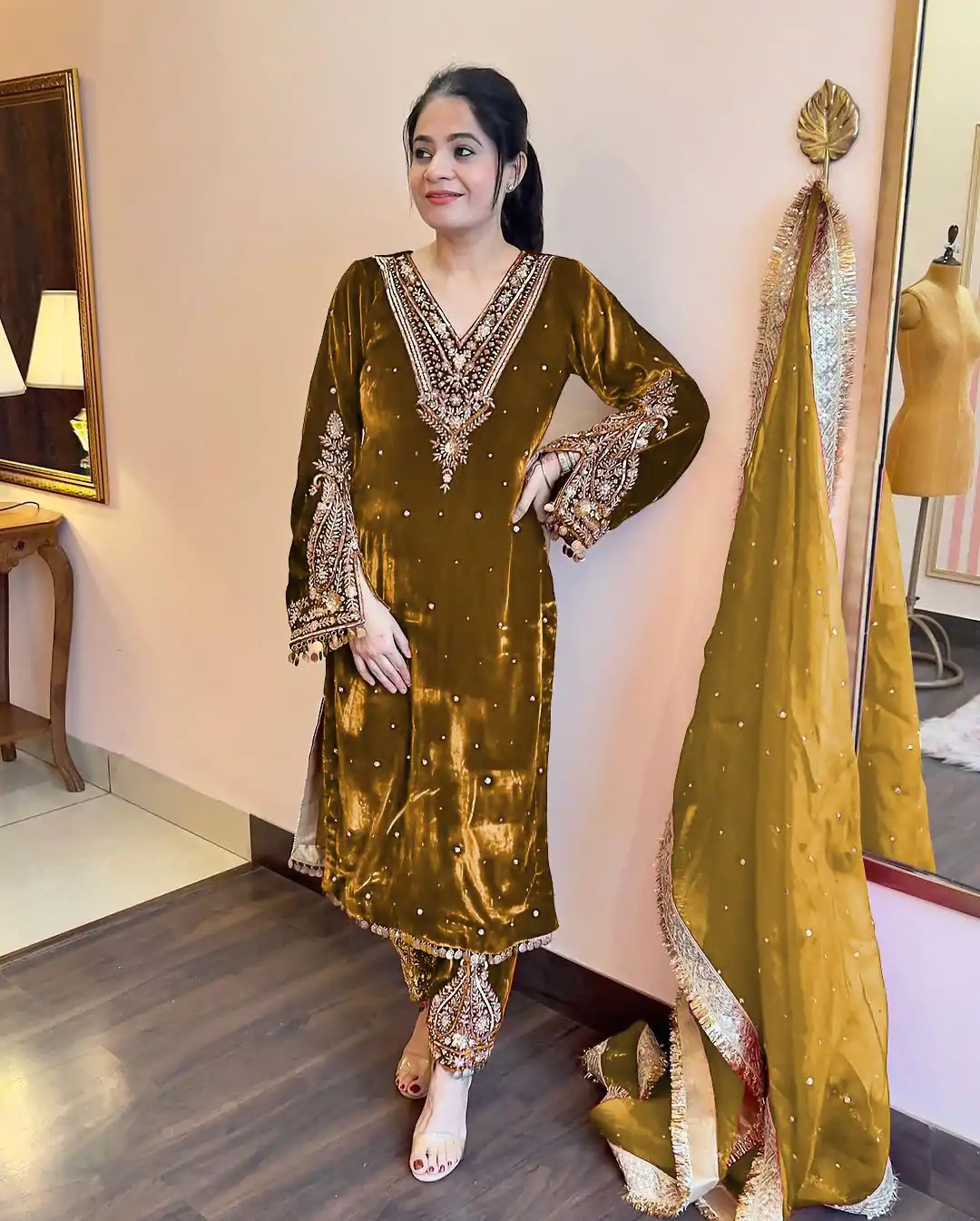 AD 134 Mustard Color Heavy Pure Viscose Velvet Embroidery Sharara Suit Wedding, Party, Festive, Events Etc. Expected Delivery  4-6 Working Days @2099/- | Casual Suits, Jump Suits, Salwar suit, Creative suits, Designer Suits, Palazzo Suits, Party Wear Suits, Patiala Suits, Straight Suits