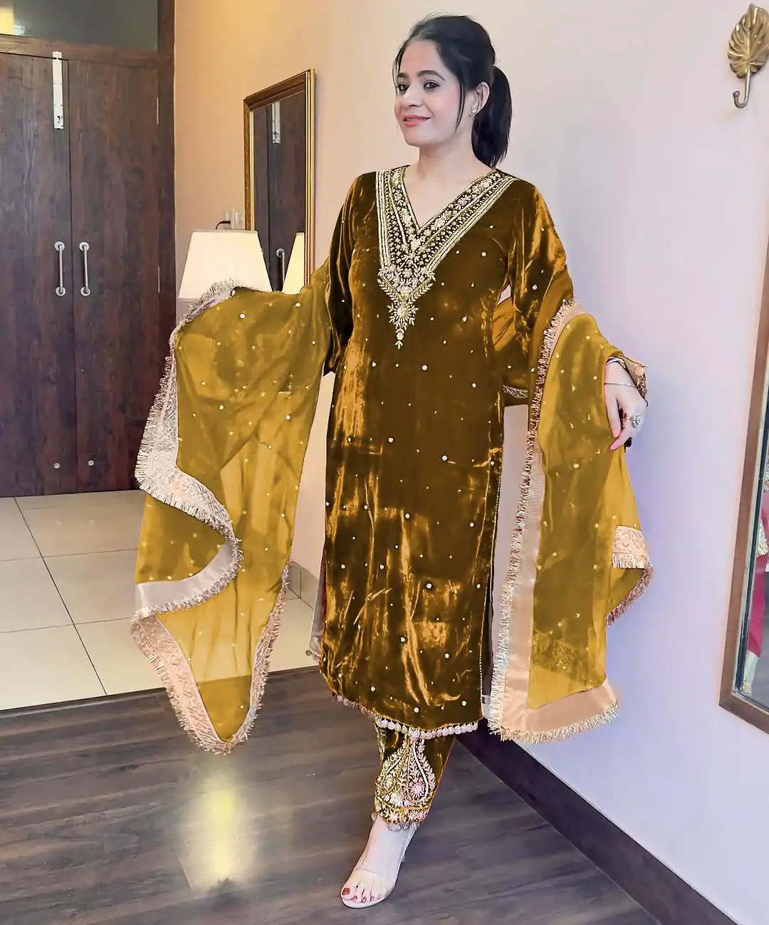 AD 134 Mustard Color Heavy Pure Viscose Velvet Embroidery Sharara Suit Wedding, Party, Festive, Events Etc. Expected Delivery  4-6 Working Days @2099/- | Casual Suits, Jump Suits, Salwar suit, Creative suits, Designer Suits, Palazzo Suits, Party Wear Suits, Patiala Suits, Straight Suits