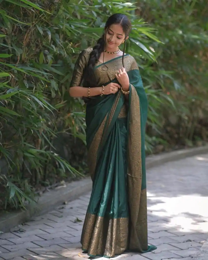 KP 3042 Dark Green Color Soft Lichi Silk Jacquard On All Over Saree Casual, Party Wear, Wedding, Events Etc. Expected Delivery 4-6 Working Days @1349/- | Designer Sarees, Embroidered Sarees, Sarees, Bollywood Sarees, Creative Sarees, Ethnic Saree, Modern Digital sarees, Party Wear Sarees
