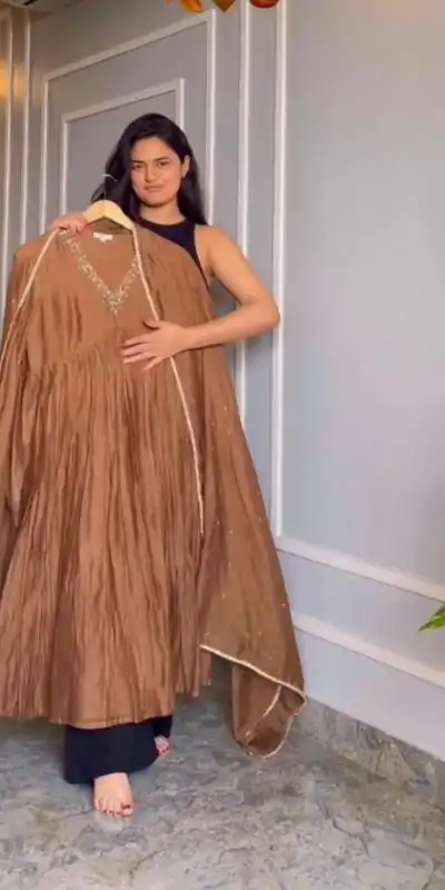 AD 152 Brown  Color Pure Chinon Silk Embroidery Sharara Suit Fancy Full Sleeve Wedding, Party, Festive, Events Etc. Expected Delivery  4-6 Working Days @1799/ | Casual Suits, Jump Suits, Salwar suit, Creative suits, Designer Suits, Palazzo Suits, Party Wear Suits, Patiala Suits, Straight Suits