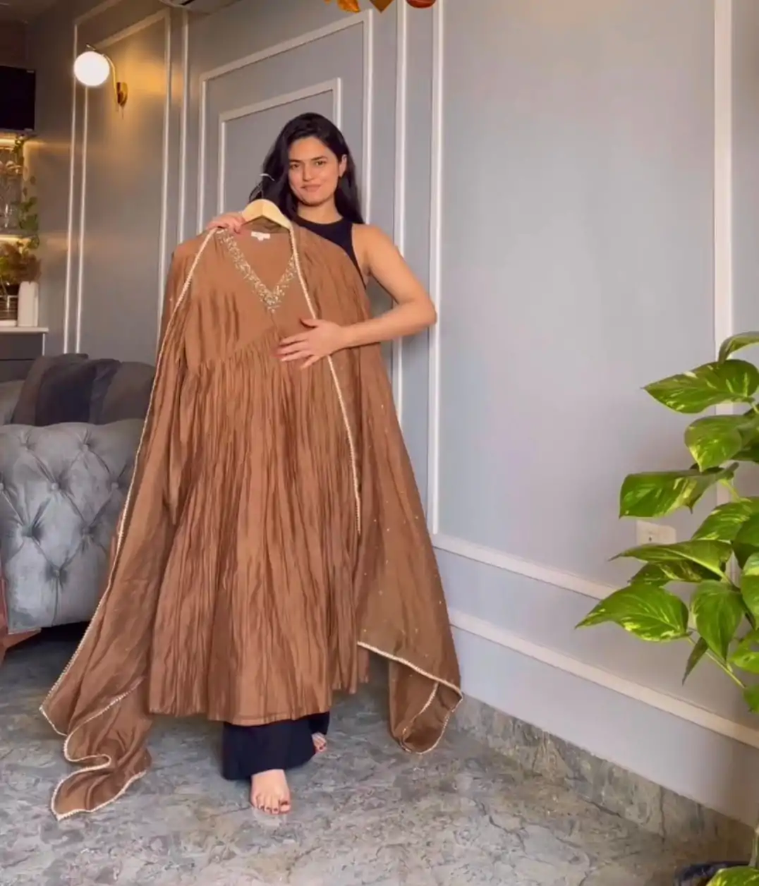 AD 152 Brown  Color Pure Chinon Silk Embroidery Sharara Suit Fancy Full Sleeve Wedding, Party, Festive, Events Etc. Expected Delivery  4-6 Working Days @1799/ | Casual Suits, Jump Suits, Salwar suit, Creative suits, Designer Suits, Palazzo Suits, Party Wear Suits, Patiala Suits, Straight Suits