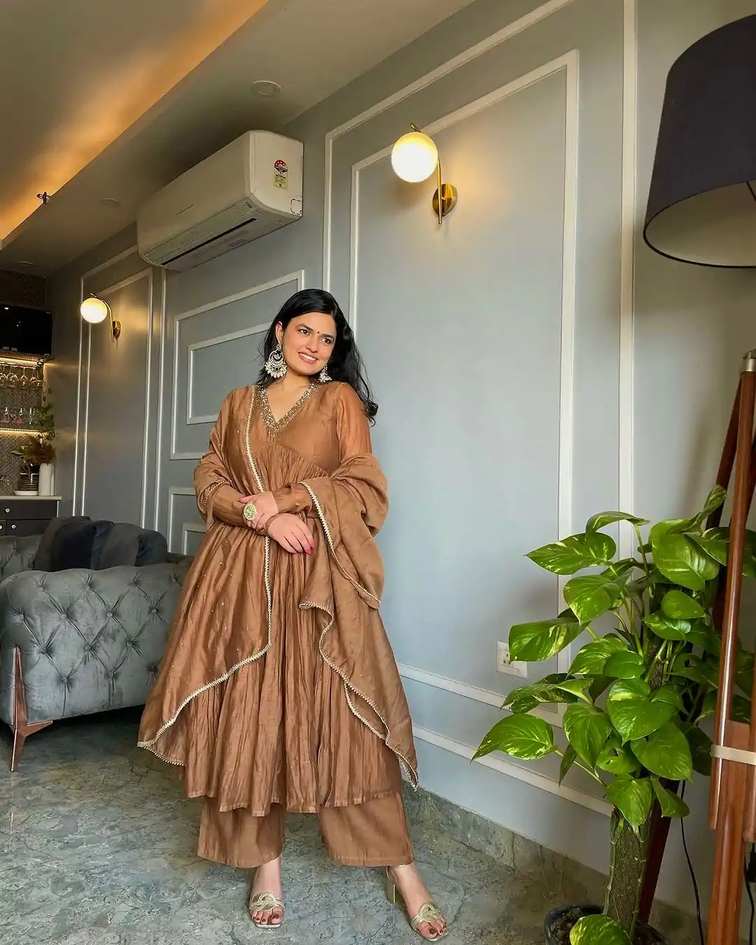 AD 152 Brown  Color Pure Chinon Silk Embroidery Sharara Suit Fancy Full Sleeve Wedding, Party, Festive, Events Etc. Expected Delivery  4-6 Working Days @1799/ | Casual Suits, Jump Suits, Salwar suit, Creative suits, Designer Suits, Palazzo Suits, Party Wear Suits, Patiala Suits, Straight Suits