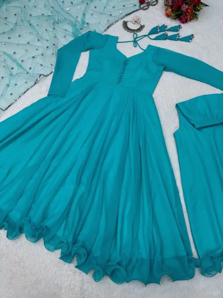 KD 1308 Blue Color Faux Georgette Plain Work Anarkali Suite Casual, Wedding, Party, Festive, Events Etc. Expected Delivery 4-6 Working Days @1799/- | Anarkali Suits, Creative-Anarkali, Designer Anarkali, Embroidered Anarkali, Party Wear Anarkali