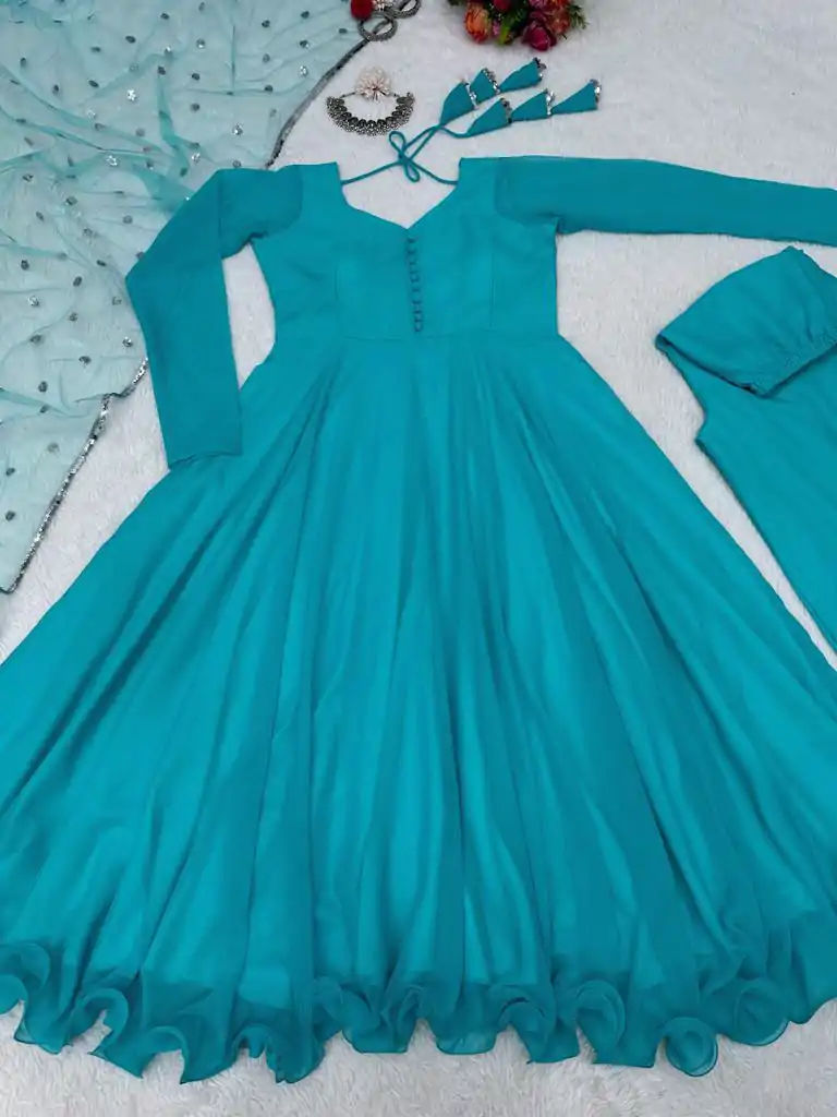 KD 1308 Blue Color Faux Georgette Plain Work Anarkali Suite Casual, Wedding, Party, Festive, Events Etc. Expected Delivery 4-6 Working Days @1799/- | Anarkali Suits, Creative-Anarkali, Designer Anarkali, Embroidered Anarkali, Party Wear Anarkali