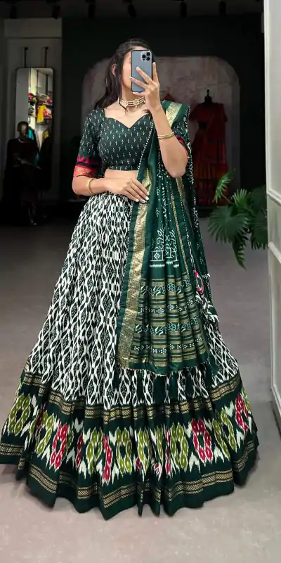 LNB 1223 Green Color Aglow Tussar Silk Ikkat Print Foil Work Lehenga Choli Wedding, Festive, Events Expected Delivery 4-6 Working Days@2449/- Only | Lehenga, Bollywood Lehenga, Creative Lehenga, Designer Lehenga, Embroidered Lehenga, Party Wear Lehenga