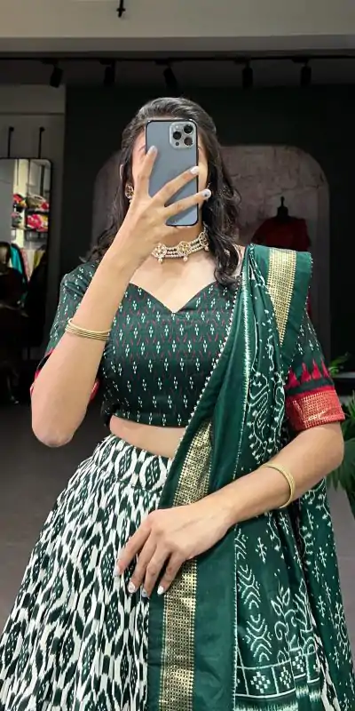 LNB 1223 Green Color Aglow Tussar Silk Ikkat Print Foil Work Lehenga Choli Wedding, Festive, Events Expected Delivery 4-6 Working Days@2449/- Only | Lehenga, Bollywood Lehenga, Creative Lehenga, Designer Lehenga, Embroidered Lehenga, Party Wear Lehenga