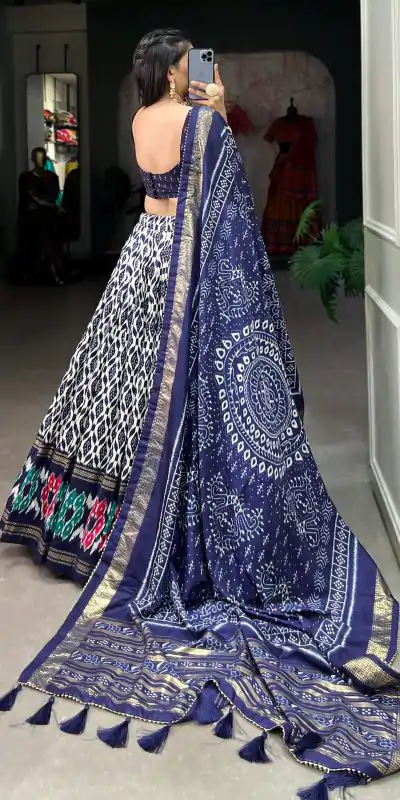LNB 1223 Navy Blue Color Aglow Tussar Silk Ikkat Print Foil Work Lehenga Choli Wedding, Festive, Events Expected Delivery 4-6 Working Days@2449/- Only | Lehenga, Bollywood Lehenga, Creative Lehenga, Designer Lehenga, Embroidered Lehenga, Party Wear Lehenga