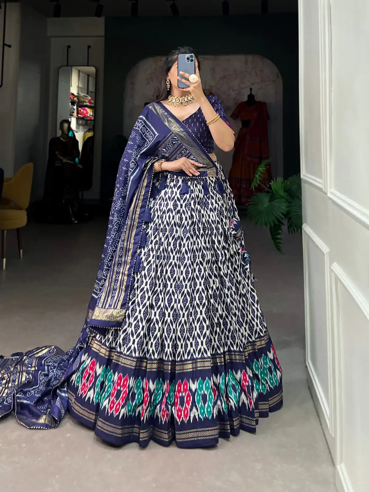 LNB 1223 Navy Blue Color Aglow Tussar Silk Ikkat Print Foil Work Lehenga Choli Wedding, Festive, Events Expected Delivery 4-6 Working Days@2449/- Only | Lehenga, Bollywood Lehenga, Creative Lehenga, Designer Lehenga, Embroidered Lehenga, Party Wear Lehenga