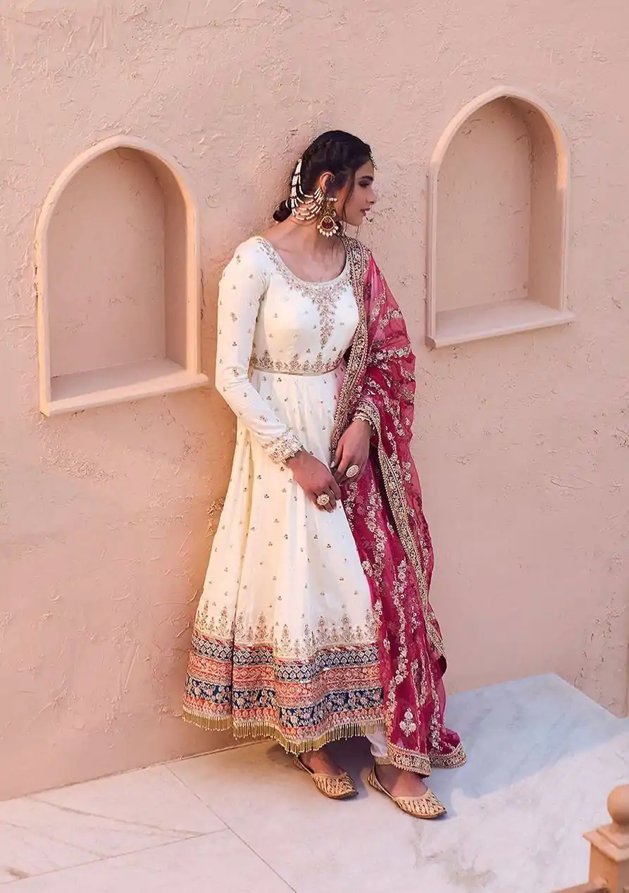 AD 176 White Embroidery With Sequence Work Fancy Latkan Border Gown Wedding Party, Festive, Events Etc. Expected Delivery 4-6 Working Days @3049/- Only | Gowns, Bollywood Gowns, Creative Gowns, Designer Gowns, Embroidered Gowns, Party Wear Gowns