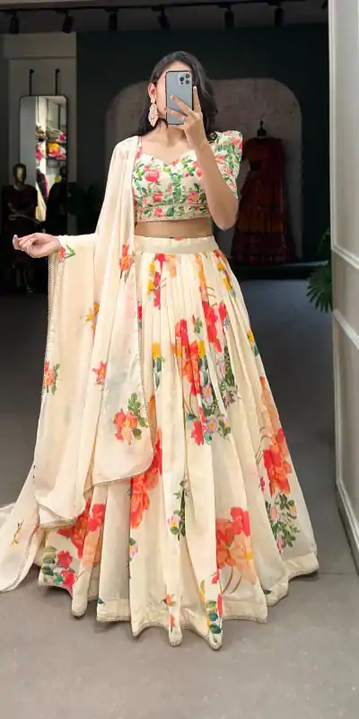 LNB 1021 Cream Color Grand Georgette Floral Printed Lehenga Choli Casual, Wedding, Festive, Events Expected Delivery 4-6 Working Days @2099/- | Lehenga, Bollywood Lehenga, Creative Lehenga, Designer Lehenga, Embroidered Lehenga, Party Wear Lehenga