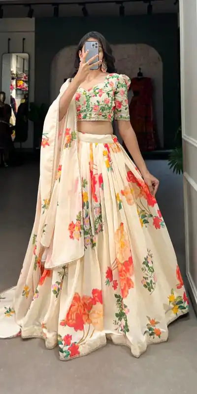 LNB 1021 Cream Color Grand Georgette Floral Printed Lehenga Choli Casual, Wedding, Festive, Events Expected Delivery 4-6 Working Days @2099/- | Lehenga, Bollywood Lehenga, Creative Lehenga, Designer Lehenga, Embroidered Lehenga, Party Wear Lehenga