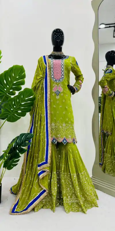 RTC 5776 Mehndi Green Foux Gorgette Embroidery Sequence Salwar Suit Casual, Wedding, Party, Festive, Events Etc. 4-6 Working Days @ 2599/- only | Casual Suits, Jump Suits, Salwar suit, Creative suits, Designer Suits, Palazzo Suits, Party Wear Suits, Patiala Suits, Straight Suits