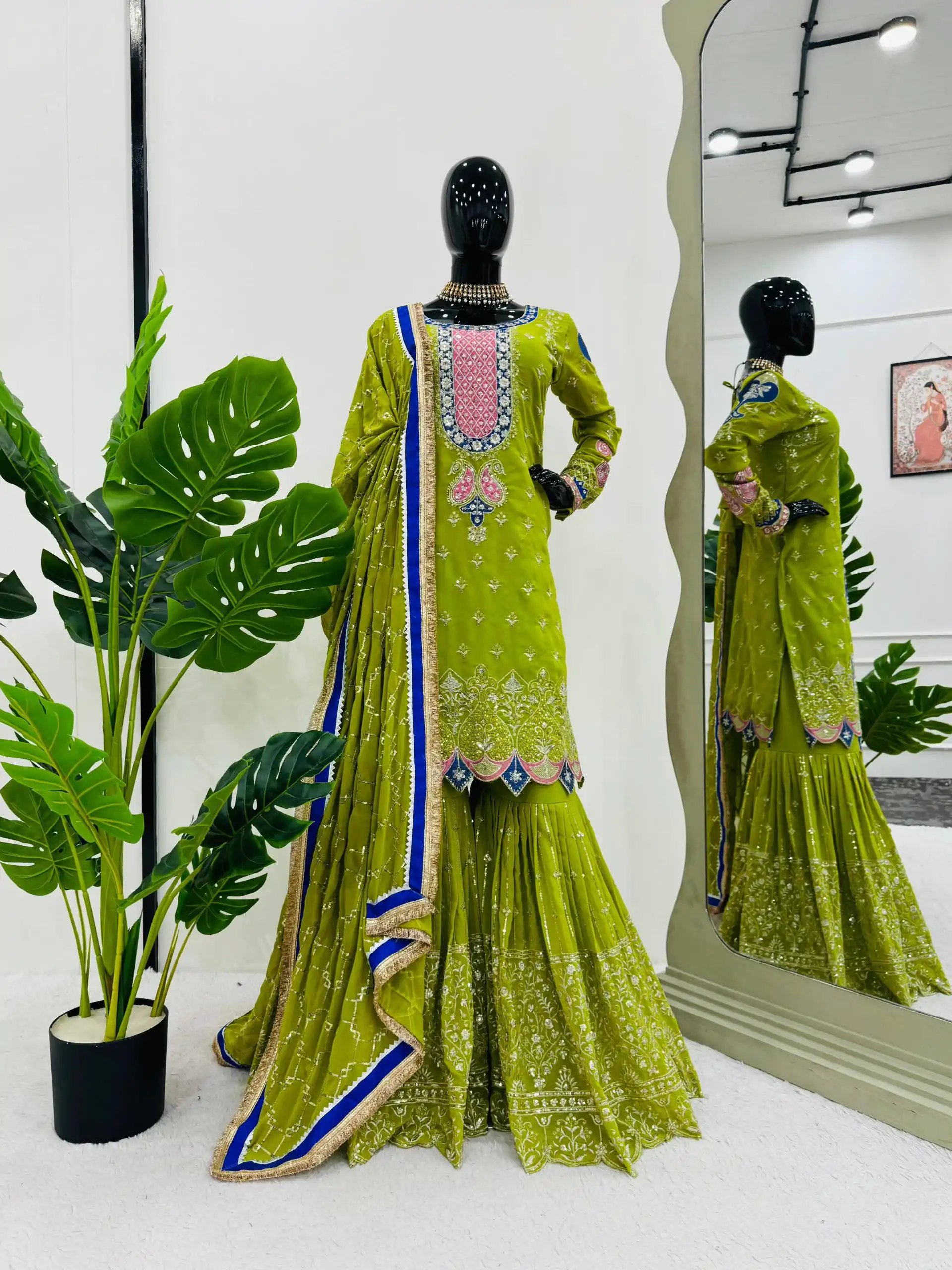 RTC 5776 Mehndi Green Foux Gorgette Embroidery Sequence Salwar Suit Casual, Wedding, Party, Festive, Events Etc. 4-6 Working Days @ 2599/- only | Casual Suits, Jump Suits, Salwar suit, Creative suits, Designer Suits, Palazzo Suits, Party Wear Suits, Patiala Suits, Straight Suits