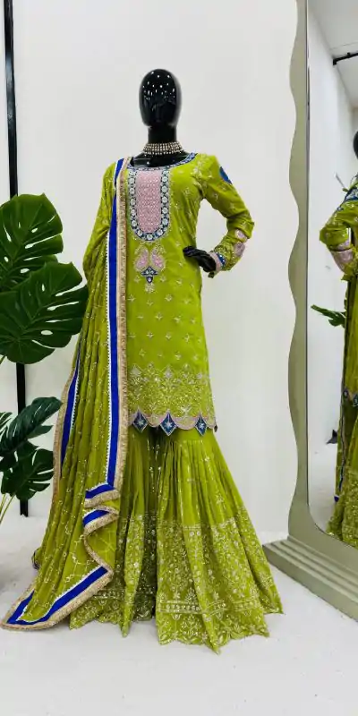 RTC 5776 Mehndi Green Foux Gorgette Embroidery Sequence Salwar Suit Casual, Wedding, Party, Festive, Events Etc. 4-6 Working Days @ 2599/- only | Casual Suits, Jump Suits, Salwar suit, Creative suits, Designer Suits, Palazzo Suits, Party Wear Suits, Patiala Suits, Straight Suits