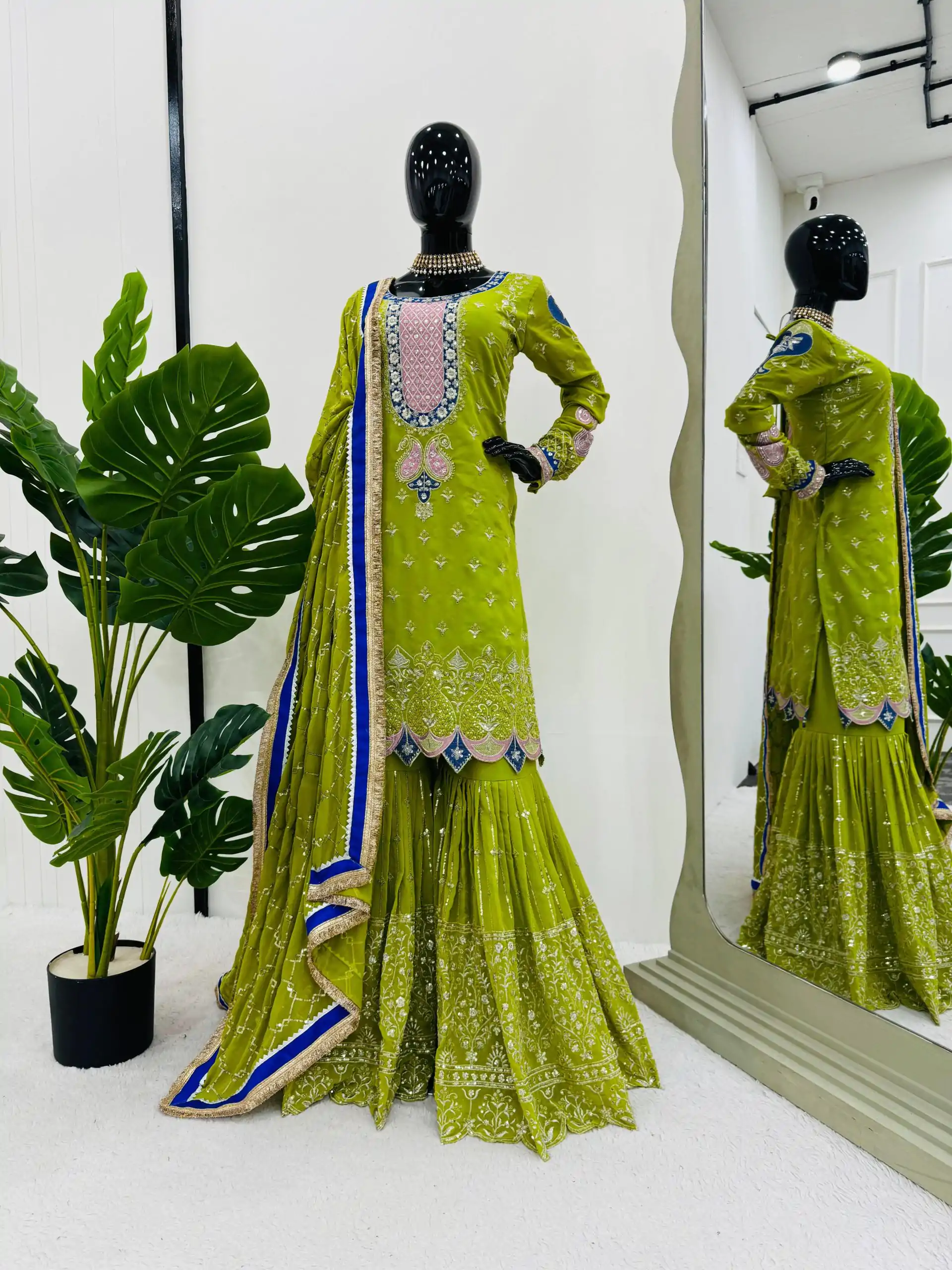 RTC 5776 Mehndi Green Foux Gorgette Embroidery Sequence Salwar Suit Casual, Wedding, Party, Festive, Events Etc. 4-6 Working Days @ 2599/- only | Casual Suits, Jump Suits, Salwar suit, Creative suits, Designer Suits, Palazzo Suits, Party Wear Suits, Patiala Suits, Straight Suits