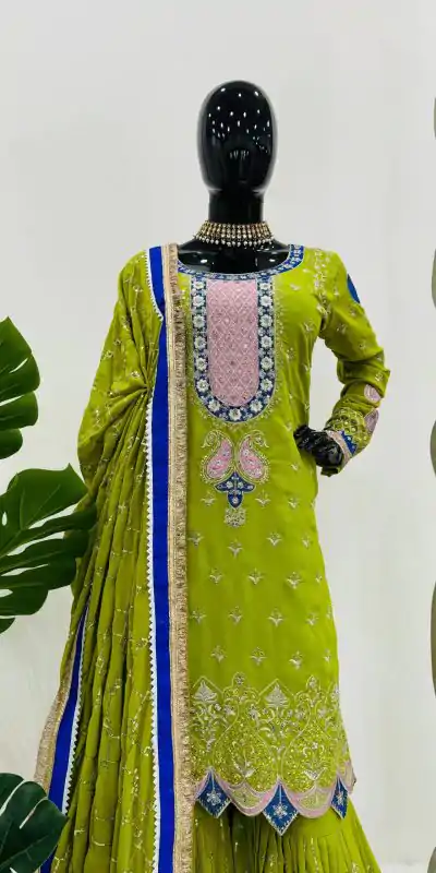 RTC 5776 Mehndi Green Foux Gorgette Embroidery Sequence Salwar Suit Casual, Wedding, Party, Festive, Events Etc. 4-6 Working Days @ 2599/- only | Casual Suits, Jump Suits, Salwar suit, Creative suits, Designer Suits, Palazzo Suits, Party Wear Suits, Patiala Suits, Straight Suits