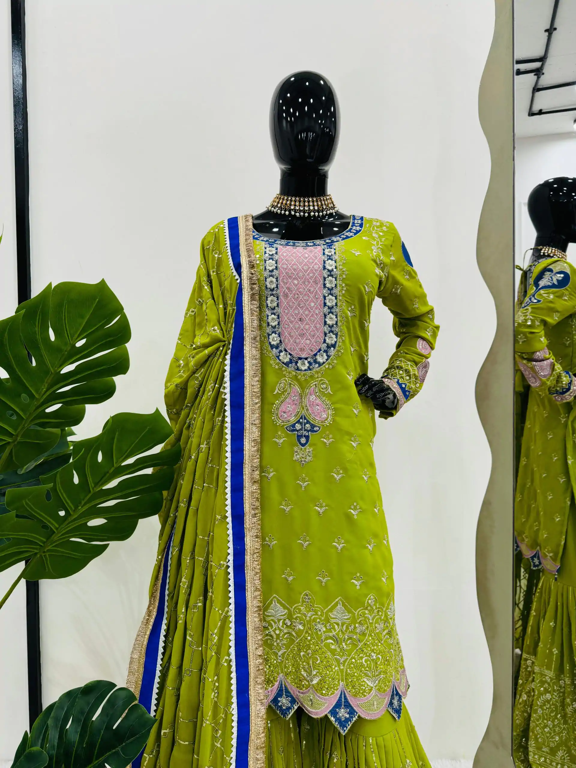 RTC 5776 Mehndi Green Foux Gorgette Embroidery Sequence Salwar Suit Casual, Wedding, Party, Festive, Events Etc. 4-6 Working Days @ 2599/- only | Casual Suits, Jump Suits, Salwar suit, Creative suits, Designer Suits, Palazzo Suits, Party Wear Suits, Patiala Suits, Straight Suits