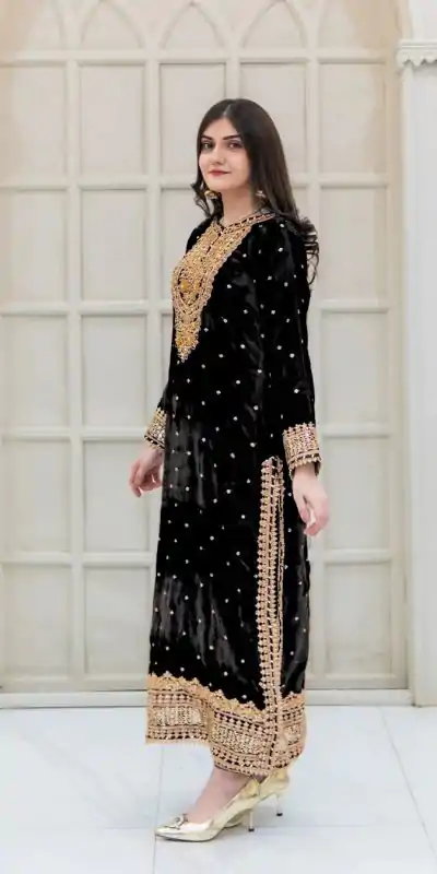 SR-1652 Black Color Velvet Georgette Embroidery Sequence Salwar Suit Casual, Wedding, Party, Festive, Events Etc.4-6 Working Days@ 2049/-only | Casual Suits, Jump Suits, Salwar suit, Creative suits, Designer Suits, Palazzo Suits, Party Wear Suits, Patiala Suits, Straight Suits