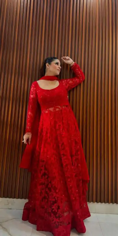 --RTC 5770 Red Color Buttrerfly Net Thread With Sequnce Kurti Casual, Wedding, Party, Festive, Events Etc.4-6 Working Days@2299/- only | Kurti, Bollywood Kurti, Creative Kurtis, Designer Kurti, Party Wear Kurti, Selfie Kurti