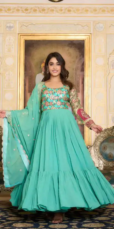 Ram 052 Sea Green Faux Color Fox Georgette Embroider Pure Zecard Work Gown Wedding Party, Festive, Events Etc.4-6 Working Days@2149/- only | Gowns, Bollywood Gowns, Creative Gowns, Designer Gowns, Embroidered Gowns, Party Wear Gowns, Straight Suits