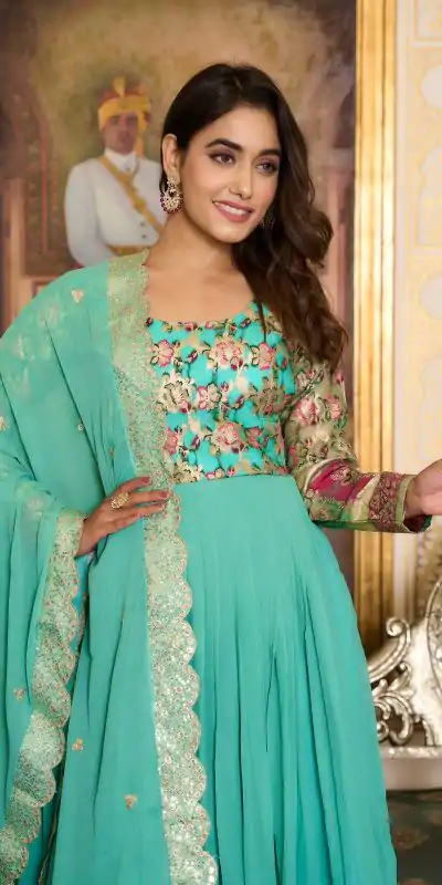  Ram 052 Sea Green Faux Color Fox Georgette Embroider Pure Zecard Work Gown Wedding Party, Festive, Events Etc.4-6 Working Days@2149/- only | Gowns, Bollywood Gowns, Creative Gowns, Designer Gowns, Embroidered Gowns, Party Wear Gowns, Straight Suits
