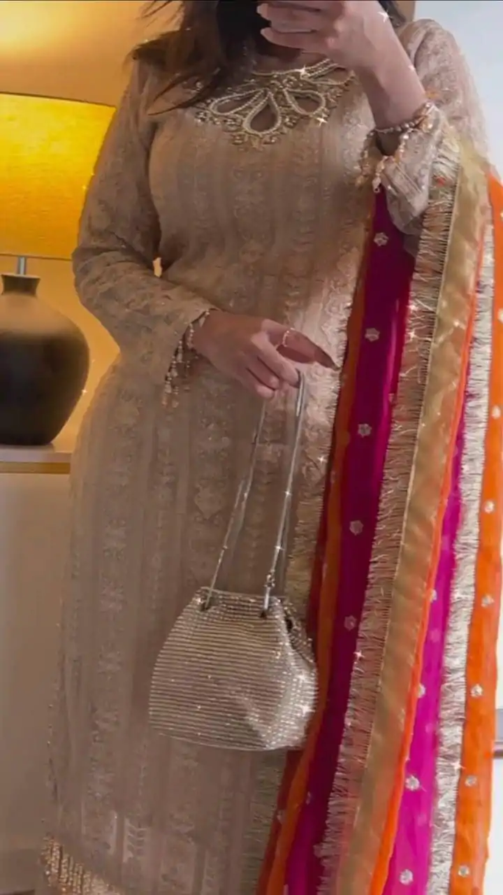 LG 1837Cream Faux Georgette Sequence Embroidery With Sharara Suit Wedding, Party, Festive, Events Etc.4-6 Working Days@2549/-only | Casual Suits, Jump Suits, Salwar suit, Creative suits, Designer Suits, Palazzo Suits, Party Wear Suits, Patiala Suits, Straight Suits