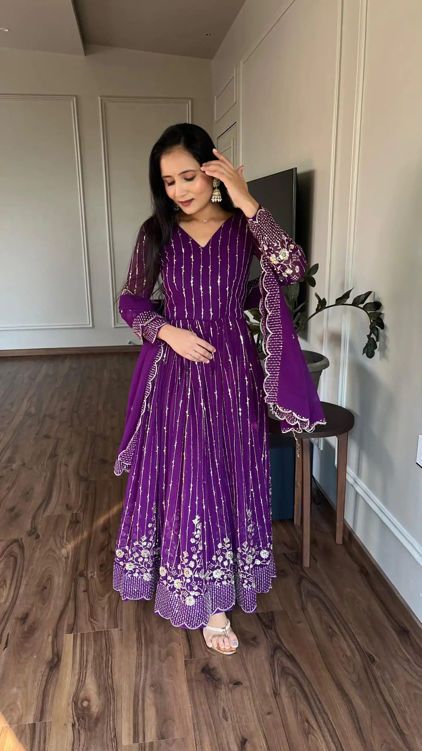 Ram 065 Purple Fox Georgette sequence Embroidery Work With Gown Wedding, Party, Festive, Events Etc.4-6 Working Days@ 2149/-only | Gowns, Bollywood Gowns, Creative Gowns, Designer Gowns, Embroidered Gowns, Party Wear Gowns