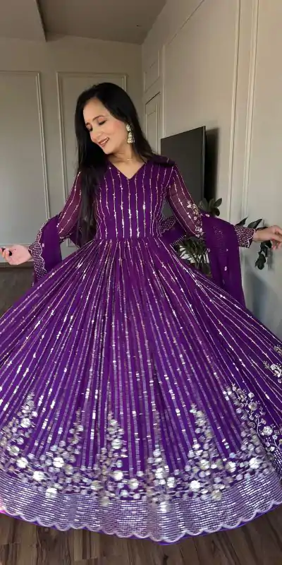 Purple Fox Georgette sequence Embroidery Work With Gown