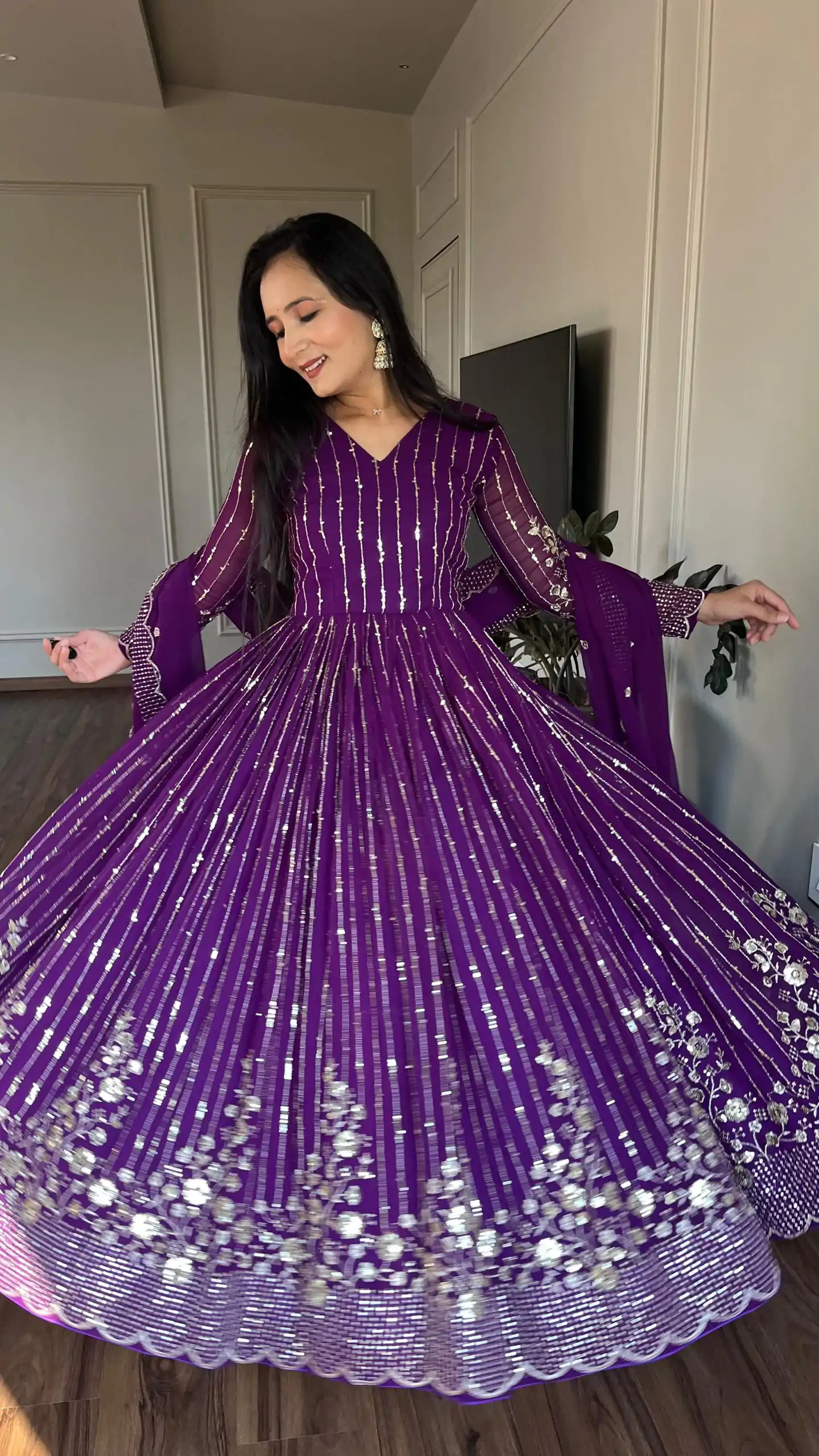 Ram 065 Purple Fox Georgette sequence Embroidery Work With Gown Wedding, Party, Festive, Events Etc.4-6 Working Days@ 2149/-only | Gowns, Bollywood Gowns, Creative Gowns, Designer Gowns, Embroidered Gowns, Party Wear Gowns