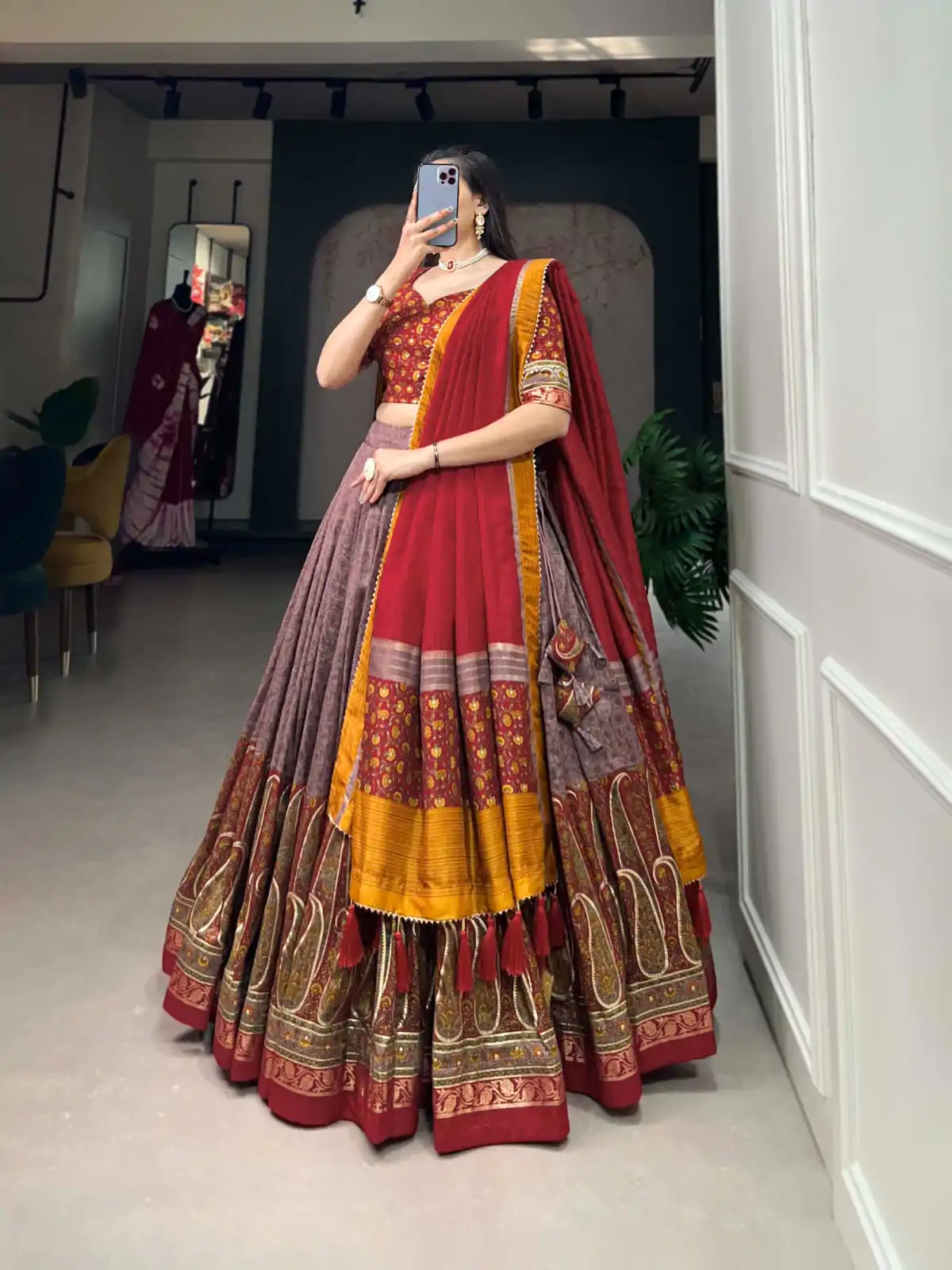 LNB 1209 Red Color Tussar Silk Kashmiri Print With Foil Print Lehenga Choli Wedding, Party, Festive, Events Etc. Delivery 4-6 Working Days Rs 2599 | Lehenga, Bollywood Lehenga, Creative Lehenga, Designer Lehenga, Embroidered Lehenga, Party Wear Lehenga