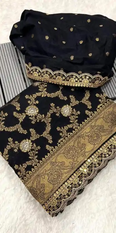 MS 469 Black color Jacquard Weaving With Embroidery Cording Lace Saree Casual, Wedding, Festive, Events . Expected Delivery  4-6 Working Days @1649/- only                                                                                                                                                                    | Designer Sarees, Embroidered Sarees, Sarees, Bollywood Sarees, Creative Sarees, Ethnic Saree, Modern Digital sarees, Party Wear Sarees