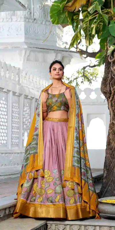 LNB 1234 Yellow Color Dola Silk Kalamkari Print Zari Border Lehenga Choli  Wedding, Party, Festive, Events Etc. Delivery 4-6 Working Days Rs 2149 | Lehenga, Bollywood Lehenga, Creative Lehenga, Designer Lehenga, Embroidered Lehenga, Party Wear Lehenga