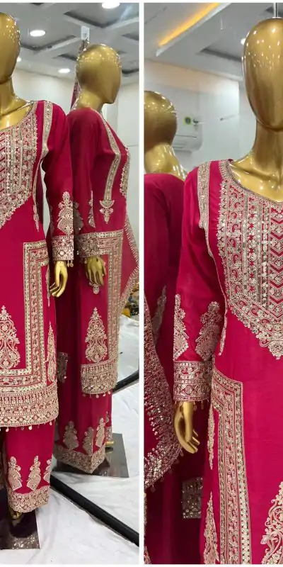 SRK 5237 Red Color Chinnon Silk With Embroidery Coding Dori-Sequence Work Salwar Suit , Wedding, Party, Festive, Events Etc.4-6 Working Days@ 2399/- | Casual Suits, Jump Suits, Salwar suit, Creative suits, Designer Suits, Palazzo Suits, Party Wear Suits, Patiala Suits, Straight Suits