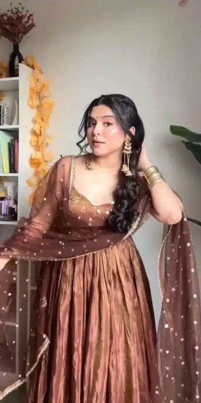 SRK 5239 Brown Color Fendi Silk With Embroidery Sequence Work Anarkali Gown Wedding Party, Festive, Events Etc.4-6 Working Days@1999/- only | Gowns, Bollywood Gowns, Creative Gowns, Designer Gowns, Embroidered Gowns, Party Wear Gowns, Straight Suits