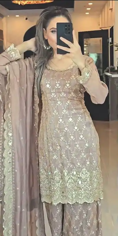 NSR 839 Cream Chinnon Silk Embroidery Sequence Work Real Mirror Hand Work Salwar Suit, Wedding, Party, Festive, Events Etc.4-6 Working Days@ 2049/-only | Casual Suits, Jump Suits, Salwar suit, Creative suits, Designer Suits, Palazzo Suits, Party Wear Suits, Patiala Suits, Straight Suits