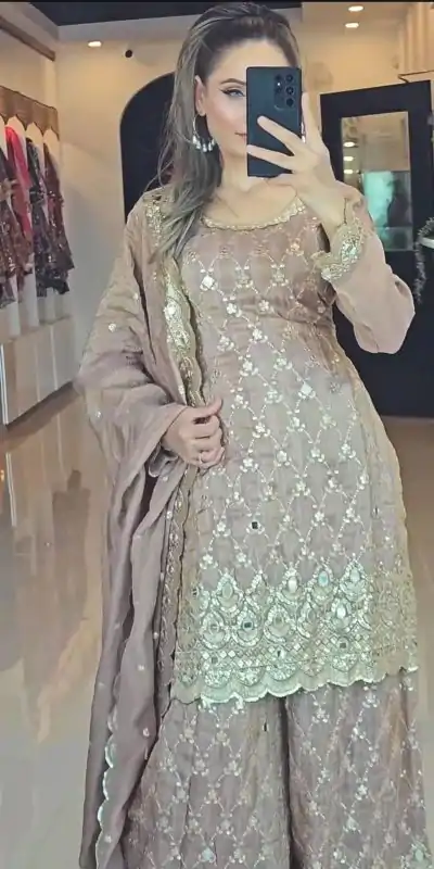 NSR 839 Cream Chinnon Silk Embroidery Sequence Work Real Mirror Hand Work Salwar Suit, Wedding, Party, Festive, Events Etc.4-6 Working Days@ 2049/-only | Casual Suits, Jump Suits, Salwar suit, Creative suits, Designer Suits, Palazzo Suits, Party Wear Suits, Patiala Suits, Straight Suits