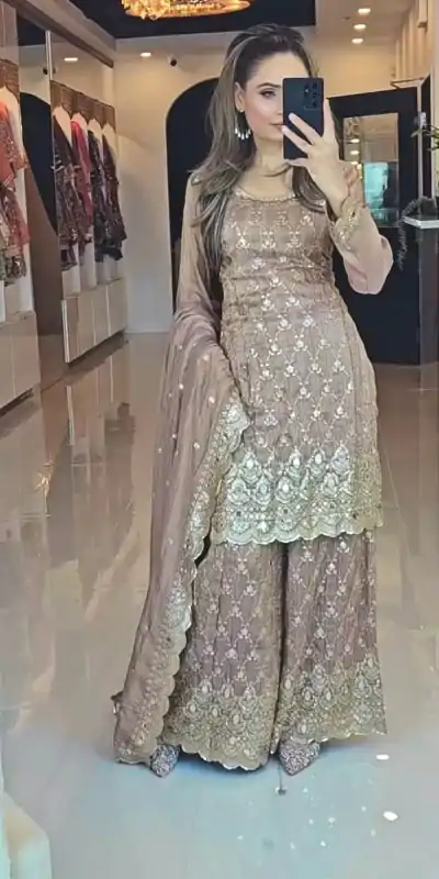 NSR 839 Cream Chinnon Silk Embroidery Sequence Work Real Mirror Hand Work Salwar Suit, Wedding, Party, Festive, Events Etc.4-6 Working Days@ 2049/-only | Casual Suits, Jump Suits, Salwar suit, Creative suits, Designer Suits, Palazzo Suits, Party Wear Suits, Patiala Suits, Straight Suits