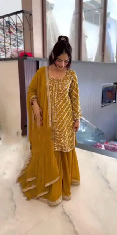 ZSR 3106 Yellow Color Faux Georgette With Embroidery Sequence Work Salwar Suit Casual, Wedding, Party, Festive, Events Etc.4-6 Working Days@ 2049/-only | Casual Suits, Jump Suits, Salwar suit, Creative suits, Designer Suits, Palazzo Suits, Party Wear Suits, Patiala Suits, Straight Suits