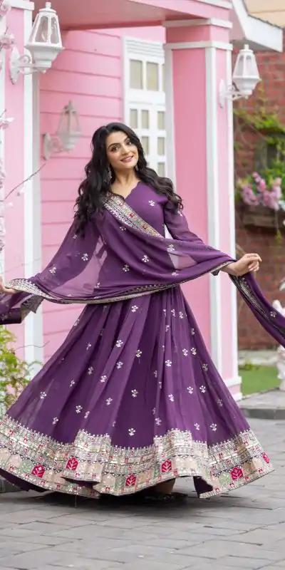 NSR 838 Purple  Color Faux Georgette With Embroidery Sequence Work Anarkali Gown Wedding Party, Festive, Events Etc.4-6 Working Days@2399/- only | Gowns, Bollywood Gowns, Creative Gowns, Designer Gowns, Embroidered Gowns, Party Wear Gowns, Straight Suits