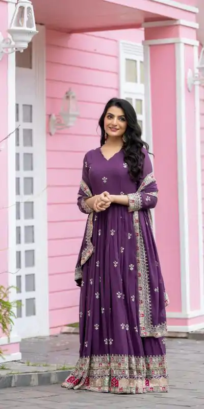 NSR 838 Purple  Color Faux Georgette With Embroidery Sequence Work Anarkali Gown Wedding Party, Festive, Events Etc.4-6 Working Days@2399/- only | Gowns, Bollywood Gowns, Creative Gowns, Designer Gowns, Embroidered Gowns, Party Wear Gowns, Straight Suits