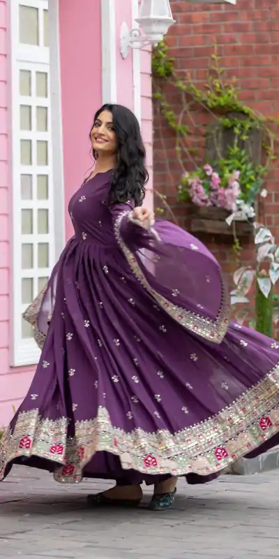 NSR 838 Purple  Color Faux Georgette With Embroidery Sequence Work Anarkali Gown Wedding Party, Festive, Events Etc.4-6 Working Days@2399/- only | Gowns, Bollywood Gowns, Creative Gowns, Designer Gowns, Embroidered Gowns, Party Wear Gowns, Straight Suits