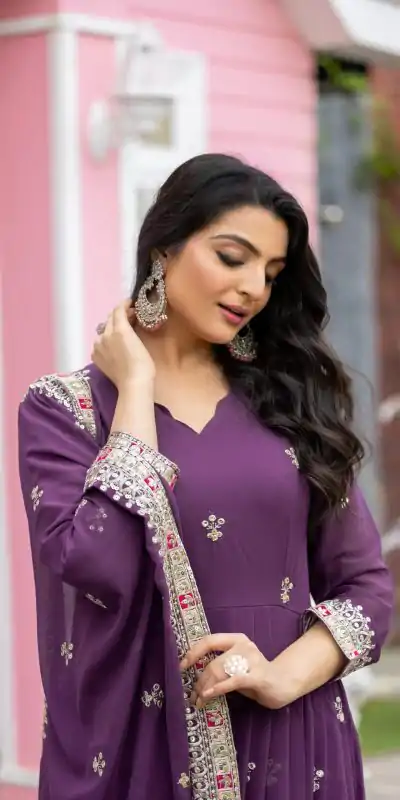 NSR 838 Purple  Color Faux Georgette With Embroidery Sequence Work Anarkali Gown Wedding Party, Festive, Events Etc.4-6 Working Days@2399/- only | Gowns, Bollywood Gowns, Creative Gowns, Designer Gowns, Embroidered Gowns, Party Wear Gowns, Straight Suits