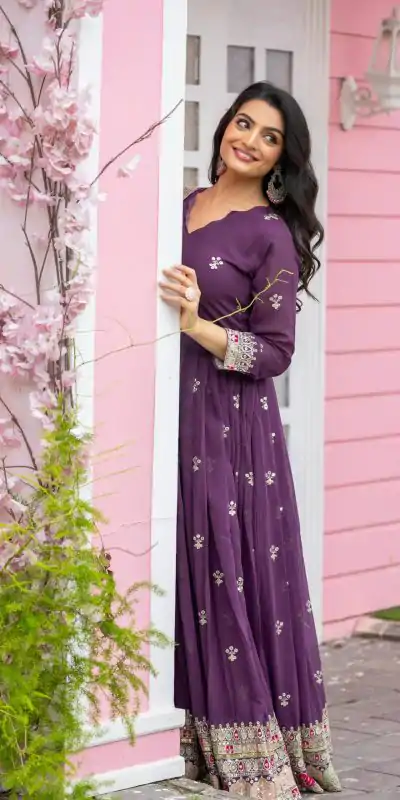NSR 838 Purple  Color Faux Georgette With Embroidery Sequence Work Anarkali Gown Wedding Party, Festive, Events Etc.4-6 Working Days@2399/- only | Gowns, Bollywood Gowns, Creative Gowns, Designer Gowns, Embroidered Gowns, Party Wear Gowns, Straight Suits